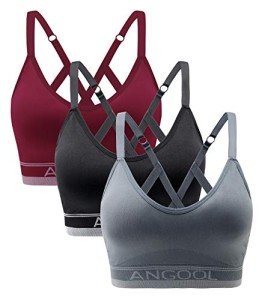 ANGOOL Strappy Sports Bras for Women, Longline Medium Support Yoga Bra Wirefree Padded Sports Bra with Adjustable Straps Red 3 Pack