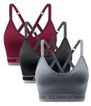 ANGOOL Strappy Sports Bras for Women, Longline Medium Support Yoga Bra Wirefree Padded Sports Bra with Adjustable Straps Red 3 Pack