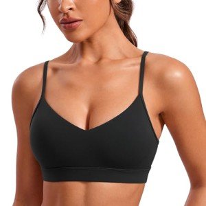 CRZ YOGA Butterluxe V-Neck Sports Bras for Women - Adjustable Thin Straps Padded Yoga Bra Basic Wireless Bra Camisole Black Medium