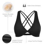 VANTONIA Womens Butterluxe Twist Front Sports Bra Deep V-Neck Crop Top Strappy Cross Back Bra with Nipple Covers-Vivi Bra, Black, Small