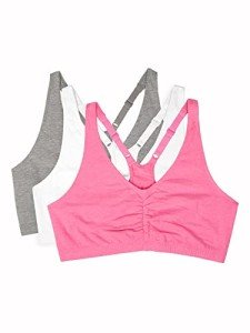 Fruit of the Loom Women's 3 Pack Shirred Front Sports Bra, Neon Pink Heather/White/Grey Heather, 40