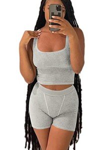 AYWA Casual Workout Sets Two Piece Outfits for Women Ribbed Crop Tank Top High Waist Leggings Active Wear, Light Heather Grey-shorts, X-Small