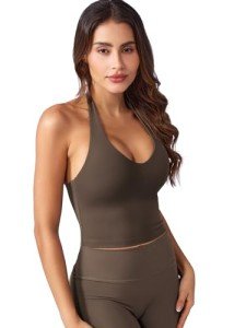 YEOREO Women's Halter Crop Top V Neck Workout Going Out Tank Top Hazel Padded Sleeveless Backless Trendy Summer Camisole Coffee Medium