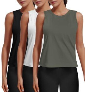Pylnily 3 Pack Crop Tank Tops for Women Sleeveless Shirts Athletic Yoga Gym Workout Tops Casual Basic Crop Tops (Black/White/ArmyGreen-2XL)