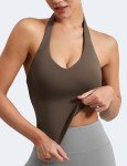 YEOREO Women's Halter Crop Top V Neck Workout Going Out Tank Top Hazel Padded Sleeveless Backless Trendy Summer Camisole Coffee Medium