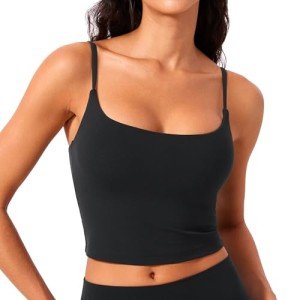 CRZ YOGA Butterlift Womens Scoop Neck Longline Sports Bra - U Back Adjustable Straps Workout Crop Tank Top with Built in Bra Black Large