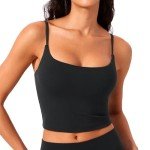 CRZ YOGA Butterlift Womens Scoop Neck Longline Sports Bra - U Back Adjustable Straps Workout Crop Tank Top with Built in Bra Black Large