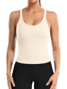 ATTRACO Women Ribbed Workout Crop Tops with Built in Bra Yoga Racerback Tank Top Tight Fit, Beige, 8