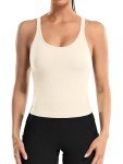 ATTRACO Women Ribbed Workout Crop Tops with Built in Bra Yoga Racerback Tank Top Tight Fit, Beige, 8