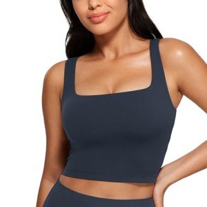 CRZ YOGA Butterluxe Womens Square Neck Longline Sports Bra - Workout Crop Tank Tops Padded with Built in Shelf Yoga Bra True Navy Small