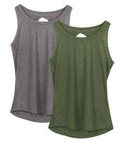 icyzone Yoga Tops Activewear Workout Clothes Open Back Fitness Racerback Tank Tops for Women (M, Grey/Green)