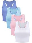 Geyoga 4 Pieces Basic Workout Crop Tank Tops Sleeveless Racerback Sport Tank Top for Women Yoga Running (Light Blue, Pink, Blue, White, Large)