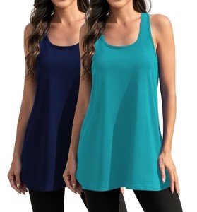 DYLH Racerback Tank Tops for Women Athletic Yoga Tops Long Workout Tank Tops Cotton Tunic Tanks 2 Pack Jersey Running Sleeveless Navy Teal
