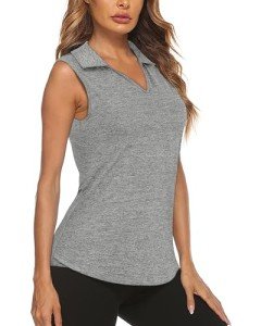 Zamowoty Sleeveless Polo Shirts for Women,Golf Tank Tops V Neck Lapel Collared Solid Color Curved Hem Sport Shirts Moisture Wicking Performance Fast Dry Activewear Gym Clothes Light Grey Large