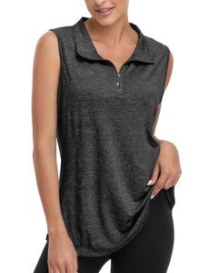 Viracy Workout Shirts for Women, Woman Yoga Tops Quarter Zip Up Sleeveless Summer Tank Top Solid Color High Neck Athleisure Clothing Badminton Hiking Activewear Tops Dark Grey Large