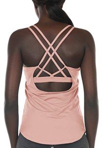 icyzone Workout Tank Tops Built in Bra - Women's Strappy Athletic Yoga Tops, Running Exercise Gym Shirts (L, Pale Blush)