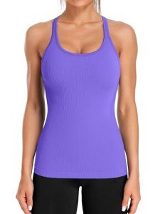 ATTRACO Ribbed Workout Tank Tops for Women with Built in Bra Tight Racerback Scoop Neck Athletic Top, Purple 2, X-Large