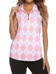 Tanst Sky Ladies Sleeveless Golf Shirts, Workout Tank Tops for Women Quarter Zip Collared Athletic Apparel Moisture Wicking Attire Quick Dry Clothes Tennis Running Yoga Activewear Pink Argyle Medium