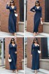 OUGES Women's Navy Long Sleeve Maxi Dress