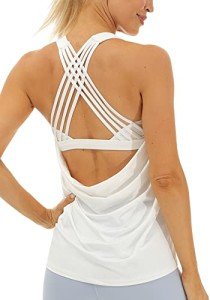 icyzone Yoga Tops Workouts Clothes Activewear Built in Bra Tank Tops for Women (Off White, M)