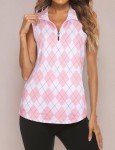 Tanst Sky Ladies Sleeveless Golf Shirts, Workout Tank Tops for Women Quarter Zip Collared Athletic Apparel Moisture Wicking Attire Quick Dry Clothes Tennis Running Yoga Activewear Pink Argyle Medium