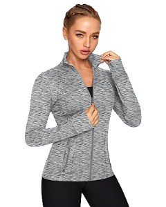QUEENIEKE Women's Workout Running Jackets Full Zipper Slim Fit Athletic Yoga Jacket with Thumb Holes Heathered Light Grey 60927 M