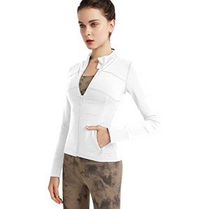 CARPESUN Women's Stretchy Workout Jackets Lightweight Full Zip Running Track Jacket, White, Medium