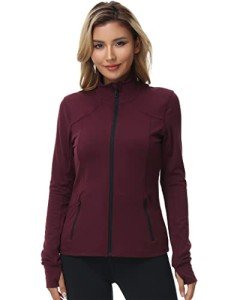 Dolcevida Women s Lightweight Full Zip Active Wear Workout Yoga Track Jackets Athletic Running Jacket Top with Zip Pockets and Thumb Holes (Wine, L)