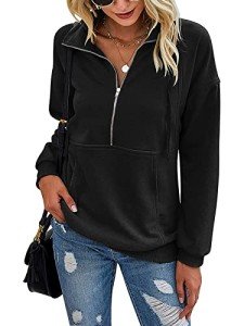 RANPHEE Womens Black Long Sleeve Tops Lapel Zipper Casual Sweatshirt Loose Pullover Swater Shirts Activewear Running Jacket XL