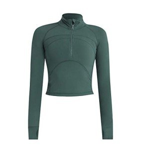 Women's Cropped Workout Jacket 1/2 Zip Pullover Running Athletic Outwear Slim Fit Long Sleeve Yoga Top, Greygreen, Medium