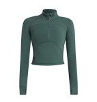 Women's Cropped Workout Jacket 1/2 Zip Pullover Running Athletic Outwear Slim Fit Long Sleeve Yoga Top, Greygreen, Medium