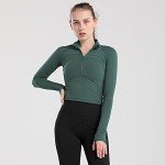 Women's Cropped Workout Jacket 1/2 Zip Pullover Running Athletic Outwear Slim Fit Long Sleeve Yoga Top, Greygreen, Medium