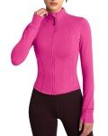 Running Jacket Women Full Zip up Long Sleeve BBL Workout Tops Jacket Womens Waisted Length with Pockets for Yoga Athletic (Hot Pink, XXS)