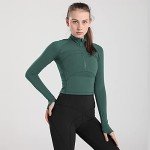 Women's Cropped Workout Jacket 1/2 Zip Pullover Running Athletic Outwear Slim Fit Long Sleeve Yoga Top, Greygreen, Medium