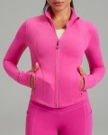 Running Jacket Women Full Zip up Long Sleeve BBL Workout Tops Jacket Womens Waisted Length with Pockets for Yoga Athletic (Hot Pink, XXS)