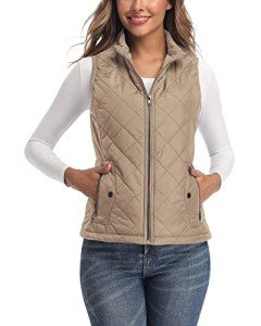 Khaki Women's Activewear Vest, Stand Collar Lightweight Zip Quilted Vest for Women M