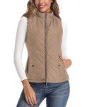 Khaki Women's Activewear Vest, Stand Collar Lightweight Zip Quilted Vest for Women M