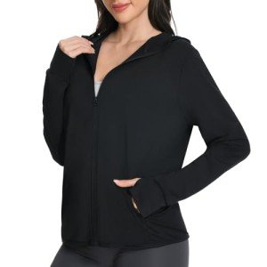 Women UPF 50+ UV Sun Protection Jacket Zip Up Hoodie Lightweight Long Sleeve Sun Shirt with Pocket for Running Hiking (Black, Small)