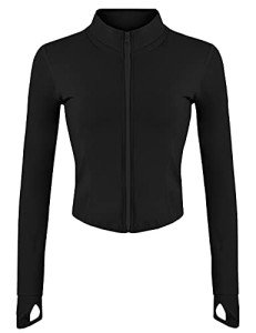 Gacaky Women's Athletic Jacket Lightweight Full Zip Up Yoga Jacket Cropped Workout Slim Fit Tops with Thumb Holes, Black, Medium
