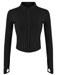 Gacaky Women's Athletic Jacket Lightweight Full Zip Up Yoga Jacket Cropped Workout Slim Fit Tops with Thumb Holes, Black, Medium