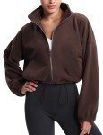 THE GYM PEOPLE Women's Fleece Cropped Jacket Full Zip Stand Collar Workout Short Sherpa Coats with Pockets Drawstring Hem Brown