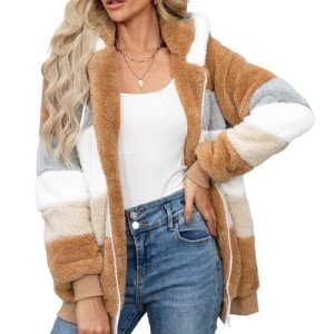 AFFA Fall Winter Coats Hoodies for Women Zipper Sherpa Fuzzy Fleece Jackets Plus Size Striped Casual Warm Coat Fashion Tops Brown