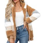 AFFA Fall Winter Coats Hoodies for Women Zipper Sherpa Fuzzy Fleece Jackets Plus Size Striped Casual Warm Coat Fashion Tops Brown