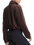 THE GYM PEOPLE Women's Fleece Cropped Jacket Full Zip Stand Collar Workout Short Sherpa Coats with Pockets Drawstring Hem Brown