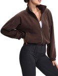 THE GYM PEOPLE Women's Fleece Cropped Jacket Full Zip Stand Collar Workout Short Sherpa Coats with Pockets Drawstring Hem Brown