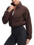 THE GYM PEOPLE Women's Fleece Cropped Jacket Full Zip Stand Collar Workout Short Sherpa Coats with Pockets Drawstring Hem Brown