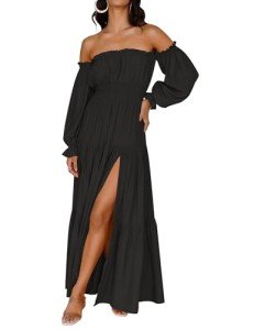 ZESICA Off Shoulder Boho Maxi Dress - Black