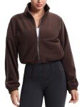 THE GYM PEOPLE Women's Fleece Cropped Jacket Full Zip Stand Collar Workout Short Sherpa Coats with Pockets Drawstring Hem Brown