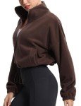 THE GYM PEOPLE Women's Fleece Cropped Jacket Full Zip Stand Collar Workout Short Sherpa Coats with Pockets Drawstring Hem Brown