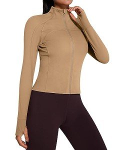 QUEENIEKE Workout Jackets for Women Full Zipper Slim Fit Athletic Running Jacket Cropped Tops with Thumbholes Size M Color Light Brown
